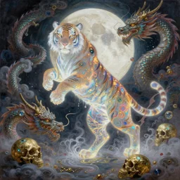 concept art of translucent glowing chinese tiger dancing, big booty, flowy, melting, round moon, swirly clouds, very detailed, volumetric light, mist, fine art, textured oil over canvas, dragons, epic fantasy art, very colorful, ornate intricate scales, gold skulls, fractal gems, 8 k, hyper realistic, high contrast