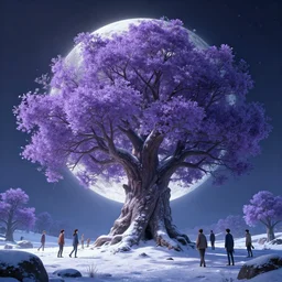 giant tree in snow with purple flowers on the moon, unreal engine, fantasy art by greg rutkowski, loish, rhads, ferdinand knab, makoto shinkai and lois van baarle, ilya kuvshinov, rossdraws, tom bagshaw, global illumination, radiant light, detailed and intricate environment