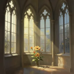 digital painting of the interior of a building with lots of windows, a detailed matte painting by jorge jacinto, featured on deviantart, gothic architecture, flower, sunbeams, matte painting, concept art