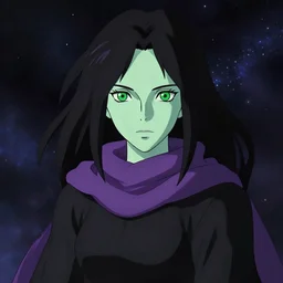 greenskin female witch wearing a purple scarf, jet black hair, bright green eyes and pale greenish skin, simple black dress, detailed perfect face, exquisite details, mid view, design on a dark galactic background, by studio muti, greg rutkowski makoto shinkai takashi takeuchi studio ghibli