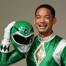 will smith is the green power ranger, holding helmet, crying, brave hero, vaseline lens, 1 9 9 0 s photo, aperture, light film grain