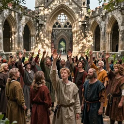 crowd of medieval people of, 3 d, exterior gohtic ruins, raising spirits magical, dappled light, in the style of matt murphy, jeremy enecio, miles johnston, monet, cynical realism, john william godward, yoshitaka amano, miles johnston, louise zhang, matt murphy, enes dirig, pekka halonen, finnish naturalism, realism