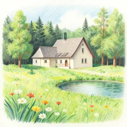 monastery in a forest flower meadow with a pond landscape, colored pencil drawing