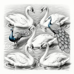 highly detailed pencil drawing tesselation of swans and peacocks by Escher