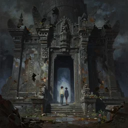 A dark and brooding scene of a ruined temple with a portal at its centre, photorealistic digital art rendered in oil on canvas and unreal engine by Makoto Shinkai and Ivan Shishkin