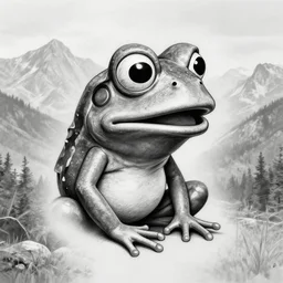 tattoo design sketch of pepe the frog, faded background of beautiful mountains and nature on the side, hyper - realistic, in the style of den yakovlev, amazing detail, black and white