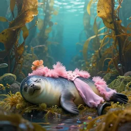 Prince in pastel!!!, A seal sleeping peacefully in a kelp forest, cinematic, hyper realistic, detailed, 8k, octane render.