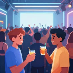 in the front 2 friends partying with drinks in their hands, in the back a huge crowd and neon lines, modern