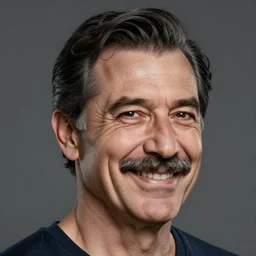 An old middle aged superhero with black hair that's graying on the sides with a thick mustache and a strong prominent jawline and great smile in real life, portrait, photograph, realistic, hyperrealistic, highly detailed, very detailed, extremely detailed, detailed, digital art, trending on artstation, head and bodyshot