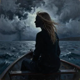 silhouette of Elle Fanning on a boat, stormy weather, extremely detailed masterpiece, oil on canvas, low-key neon lighting, artstation, Blade Runner 2049, Roger Deakin’s cinematography, by Peter Monamy and Edward Hopper,