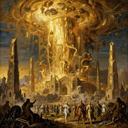reinassence painting gold drenched apocalyptic necropolis. gold cascade from the afternoon sky