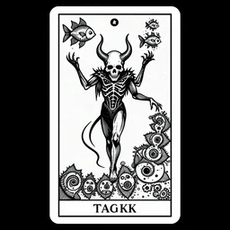 a beautiful fractal tarot card featuring bold occult imagery with clean lines. skullpunk demon. dimension. haeckel fish and sea creatures. detailed adult coloring book