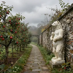 old apple garden, secret, stone narrow pathway, wall, marble statue of a bear, concept art, unreal engine 5, cloudy early morning lighting, matte painting, misty background, artstation, masterpiece, caspar friedrich, wlop, kinkade