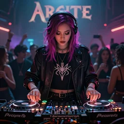 2 djs playing music in pov image from front of a crowd , art in the style of arcane, spiderverse, highly detailed, trending on artstationhq, cinematic, color palette: spike jonze her