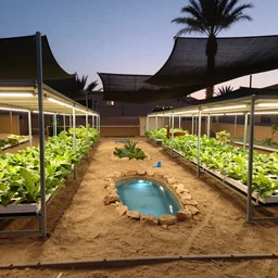 permaculture biosphere, closed ecosystem, racks of vegetables propagated under shadecloth,  in the middle of the desert, with a miniature indoor lake, XF IQ4, 150MP, 50mm, F1.4, ISO 200, 1/160s, natural light at sunset with outdoor led strip lighting