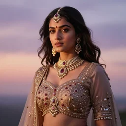 portrait photography of indian goddess of the dawn, beautiful woman, elegant, celebration costume, jewellery, highly detailed, hyper realistic, dramatic sky, dawn, pastel, deep gaze, pretty face, glowing, in the style of nick knight
