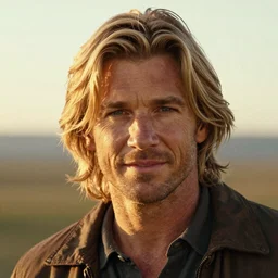 a beautiful portrait of Harrison ford with long golden blond hair gazing warmly at the viewer, golden hour, by J.C Leyendecker and Norman Rockwell