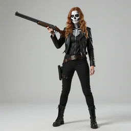 Samara Weaving with skull paint on her face, full body, holding a shotgun