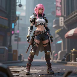 full body character, pink hair female viking, cyberpunk intricate streetwear, dystopian, trending on artstation, beautiful, intricate complexity, digital painting, anime, disney, pixar, 8 k, hd, dof, kodak film, volumetric lighting, subsurface scattering, photorealistic, octane render, extreme details