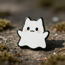 a retro minimalistic cute ghost cat emoji enamel pin, hd, concept art