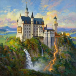 beautiful ultra detailed realistic oil painting of a a castle high up on the edge of a cliff with a waterfall underneath, rolling hills, emerald green grass with colorful sky, magic rift glowing with orange energy light, by albert bierstadt, makoto shinkai, raphael lacoste, and george caleb bingham, concept art wallpaper 4 k