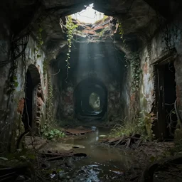 inside the old sewers in the ruined part of the city. fantasy art, light breaking through cracks in the ceiling, stagnant water, vines, ruins, abandoned spaces, danger, dungeon.