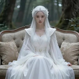 an highly detailed magical empress sitting by herself on a sofa in a forest wearing a white robe drawn by cloverworks studio, excellent line work ,elegant and beautiful, tarot card, Tarot card the empress