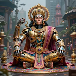 high quality 3 d render colorful deconstructed cyborg! hanuman sitting, gold madhubani, highly detailed, cyberpunk!! mumbai in the background, vray cinematic smooth, liam wong, moody light, low angle, uhd 8 k, sharp focus
