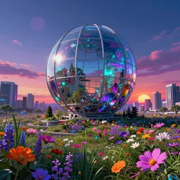 abandoned by norman foster, vaporwave at summer reclaimed by nature retro gem bioshock galactic vice city flowers cosmic wilderness nature sunset made of glass infrared myst tokyo postcyberpunk meadow elysian uv light, archdaily, wallpaper, highly detailed, trending on artstation.