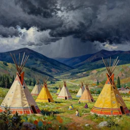 beautiful painting of colorfull native american teepees in a mountain valley, dark stormy dramatic sky, Moebius, frank frazetta, james gurney, thomas kinkade, rodney mathews, beeple, trending on artstation