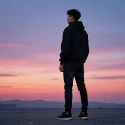 Man wearing black jeans and a black hoodie, back turned to the camera, looking out at a neon vaporwave sunset