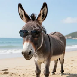 half human half donkey wearing cool sunglasses at the beach, 8k, hyper-detailed