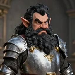 portrait of a human man akin to a dwarf in human form with a big bushy beard with braids in it and a mane of black hair and silver armor with golden accents, stylistic, noble clothing, dramatic lighting, egotistical, irritable, serious cartoon