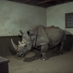 a rhinoceros in a stalinist style room, by mini dv camera, very very low quality, heavy grain, very blurry, caught on trail cam