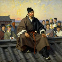 full character of a ancient chinese hero sitting on the roof, painting by gaston bussiere, katsuya terada, nc wyeth, greg rutkowski, craig mullins, vermeer, frank frazetta, mucha, tom of finland, trending on artstation, jeffery catherine jones