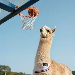 dramatic film still of a llama wearing a jersey dunking a basketball, low angle, shot from below, tilted frame, 3 5 °, dutch angle, extreme long shot, indoors, dramatic backlighting, high detail.