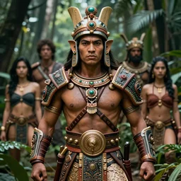 mayan jungle warrior figure portrait, expressive pose, sharp, centered focus, intricate detail, by jamie hewlett, moebius, dan mumford, josan gonzalez, cinematic, movie poster, trending on artstation