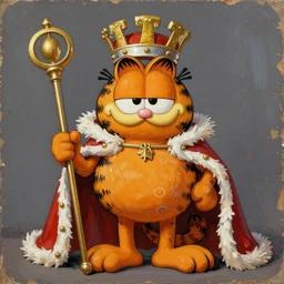 an old oil paint of garfield with a king cape and a gold sceptre, high quality, old