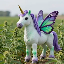 a purple and green unicorn with butterfly wings standing in a field of marijuana eating, photography, 8 k, highly detailed, ultra realistic, path traced