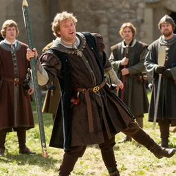 brightly lit historically inaccurate comedy film still of ( rainn wilson plays king alfred ) a pratfall in a medieval comedy titled'the hijinx of king alfred ', directed by john landis, colorful lighting high contrast, hyperrealistic shocking detail trending on artstation 8 k