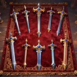 Enchanted Fantasy Weapons displayed on a velvet rug. trending on artstation, vibrant palette, highly detailed digital illustration
