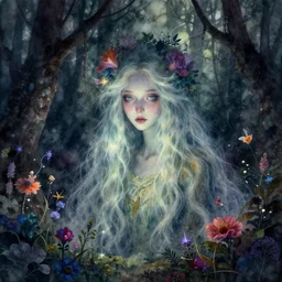 highly detailed watercolor, beautiful ghostly forest spirit, long hair, nostalgia for a fairytale, magic realism, flowerpunk, mysterious, shadows and dark colors, neon colors glow, by charles vess, anato finnstark, cinematic lighting, beautiful face by leyendecker