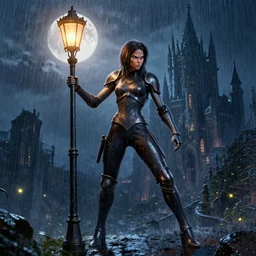 angry anthropomorphic lamppost, wearing rain soaked armour in heavy rain, incredibly fine detailed portrait, battle angel alita, dynamic angle, elegant, full body profile, 2 0 0 mm focal length, highly detailed, dramatic full moon lighting, many fireflies, gothic castle prodominently in the background, movie cover