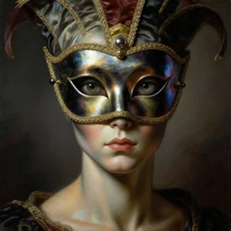 a baroque neoclassicist close - up portrait of an alien being gazing intensely with big glowing eyes wearing an iridescent uv blacklight retrofuturistic venetian carnival mask and reflective silk. head, face and shoulders, foggy background. renaissance portrait painting. highly detailed science fiction painting by norman rockwell, frank frazetta, shintaro kago and syd mead. rich colors, high contrast, gloomy atmosphere, dark background. trending on artstation.