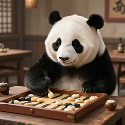 friendly panda playing backgammon in a medieval tavern