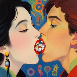 a colorful vibrant closeup portrait of a kiss make - up licking a tab of lsd acid on his tongue and dreaming psychedelic hallucinations, by kawase hasui, moebius, edward hopper and james gilleard, zdzislaw beksinski, steven outram colorful flat surreal design, hd, 8 k, artstation