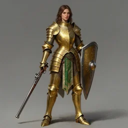full body portrait of a female italian warrior medium length brown hair and a very highly detailed face wearing elegant golden plate mail armor with green and white accents, holding a large tower shield and a long flintlock pistol, highly detailed, digital fantasy painting, artstation, character concept art, sharp focus, illustration, art by michael komarck and greg rutkowski and alphonse mucha