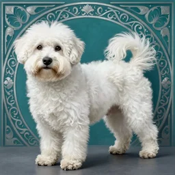 a completely white coton de tulear dog. teal with a silver filigree background. masterful, detailed drawing. art by mucha