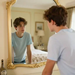 a beautiful picture of a teenager boy looks the mirror in the luxurious bedroom, by greg rutkowski and thomas kinkade, trending on artstation