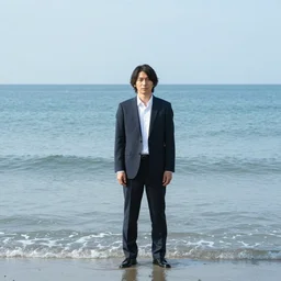 japanese man with long hair in a suit standing in the ocean looking at the camera, wide shot, far!!!!!!! away, zoomed out, distance!!!!!!! shot, sunset, centered!!!!!!!!!!, album cover, tatsuro yamashita, 1980, ride on time